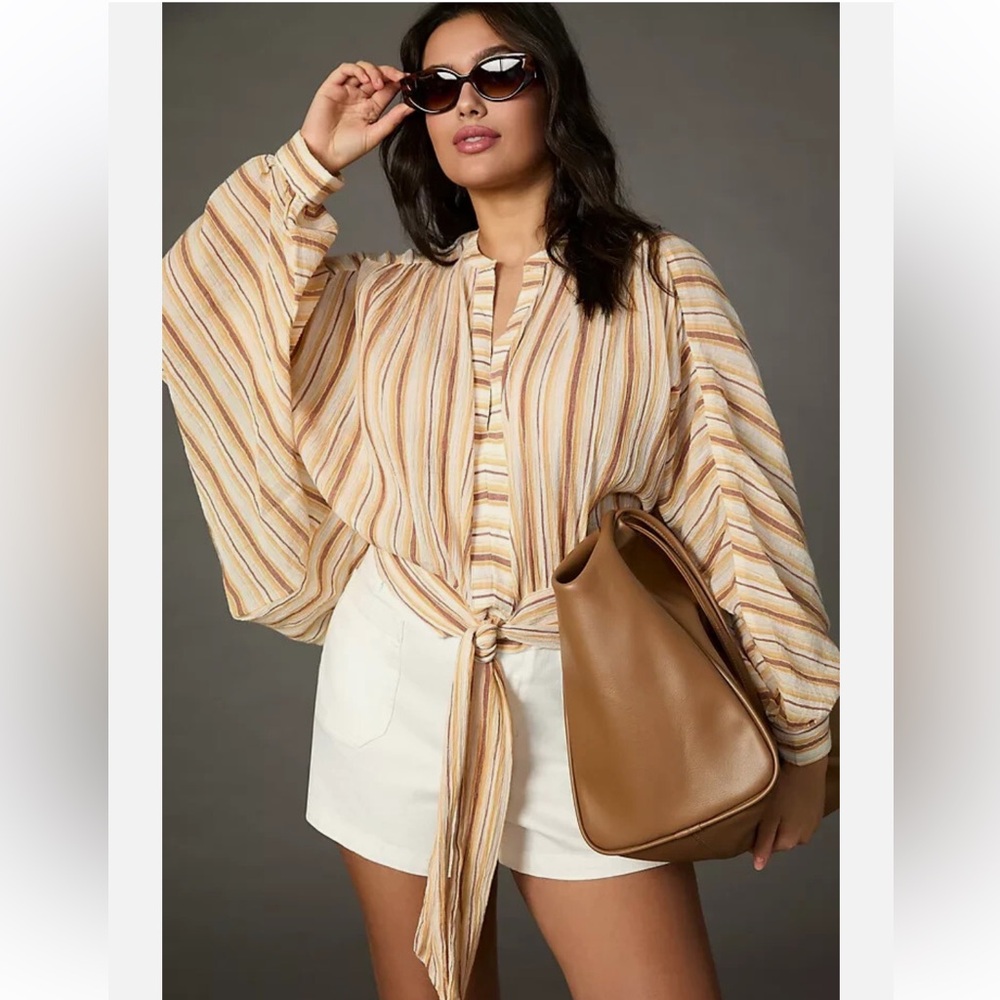 Anthropologie Beige and White Striped Blouse Tie- Front Striped Women’s Sz M